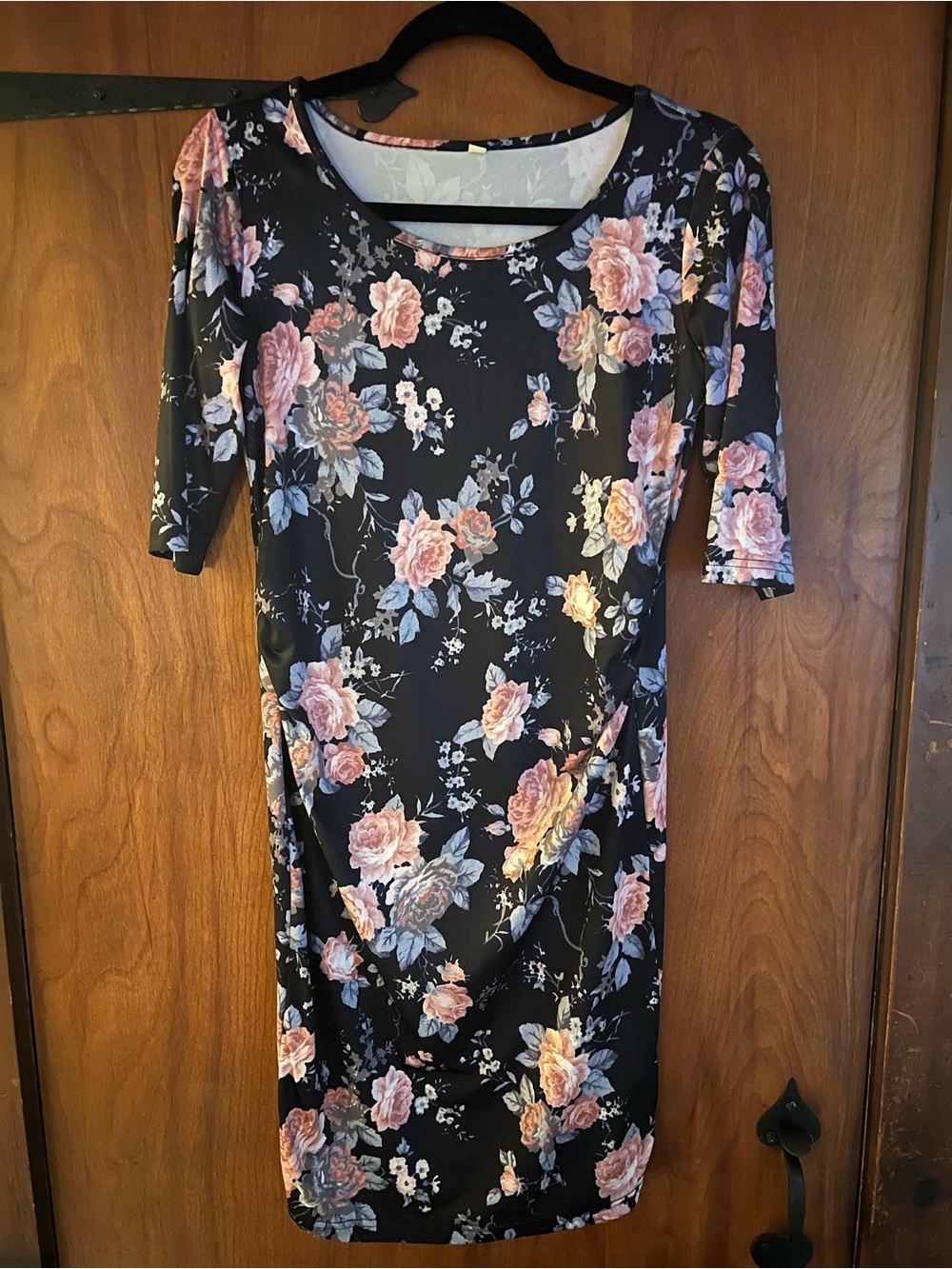 Black Floral Midi Dress with Pink Rose Print